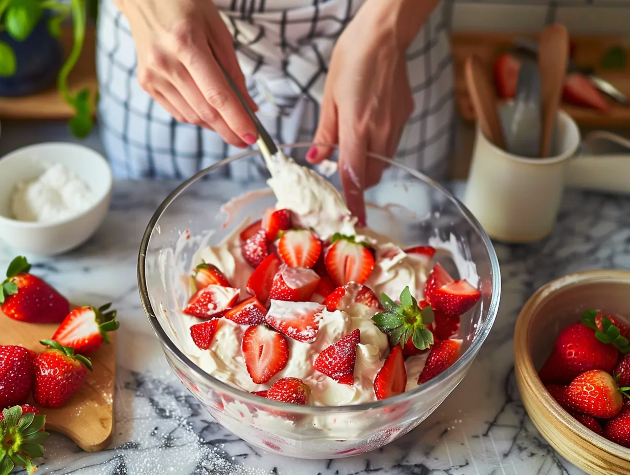 Preparing creamy strawberry cheesecake salad