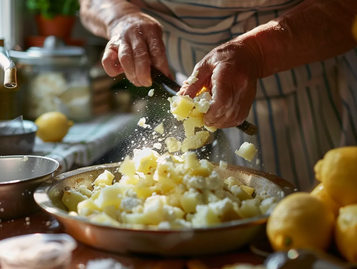 Woman preparing greek roast potatoes