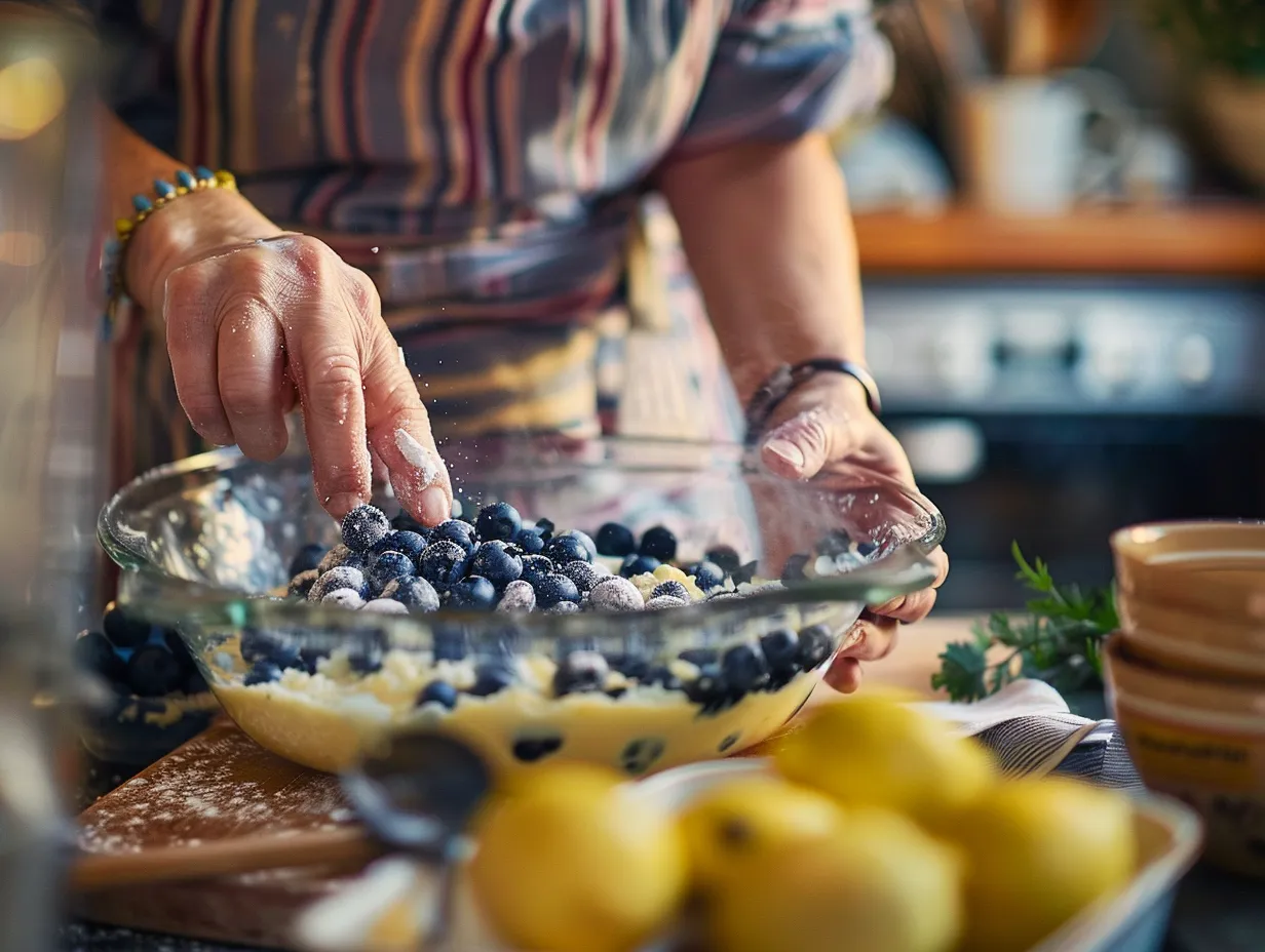 Woman Preparing Lemon Blueberry Sheet Cake in Kitchen