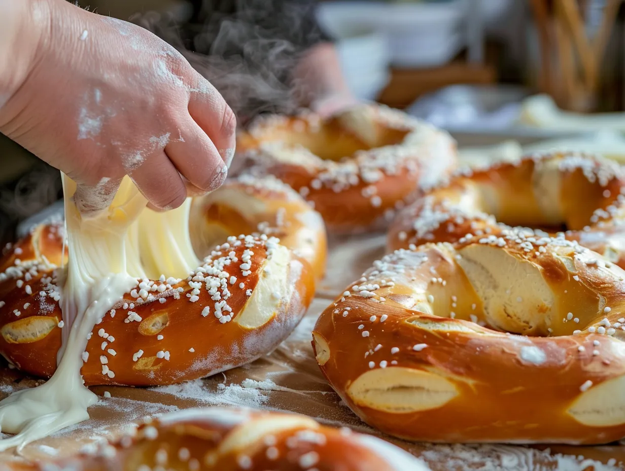 Woman preparing mozzarella stuffed soft pretzels
