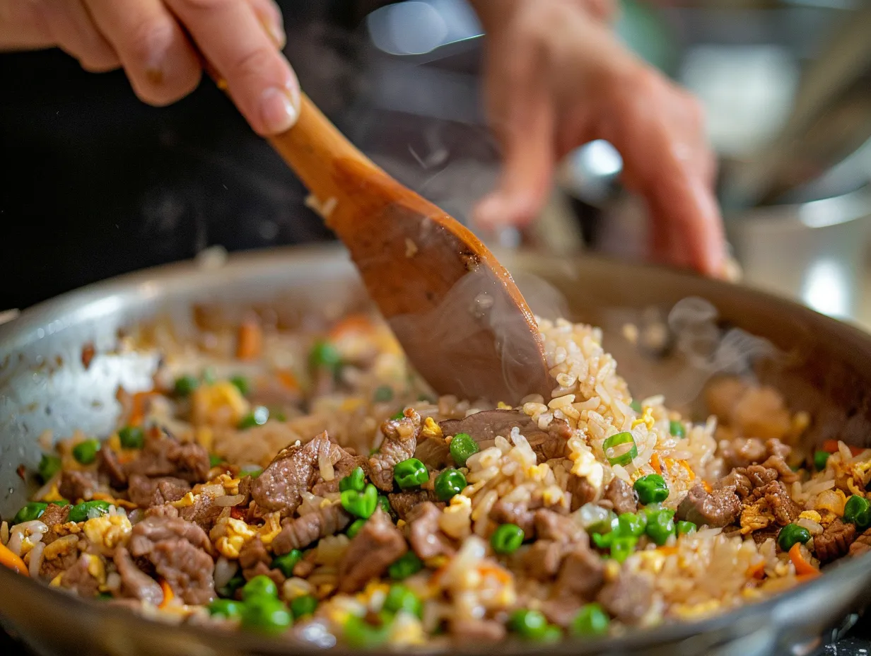 Woman Preparing Onion Beef Fried Rice