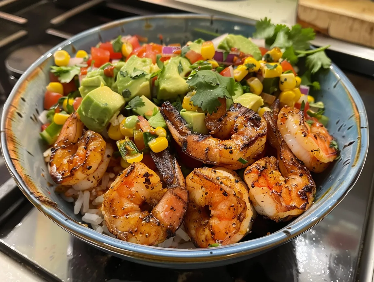 A beautifully assembled grilled shrimp bowl with avocado corn salsa and creamy sauce, garnished with fresh cilantro and a lime wedge.