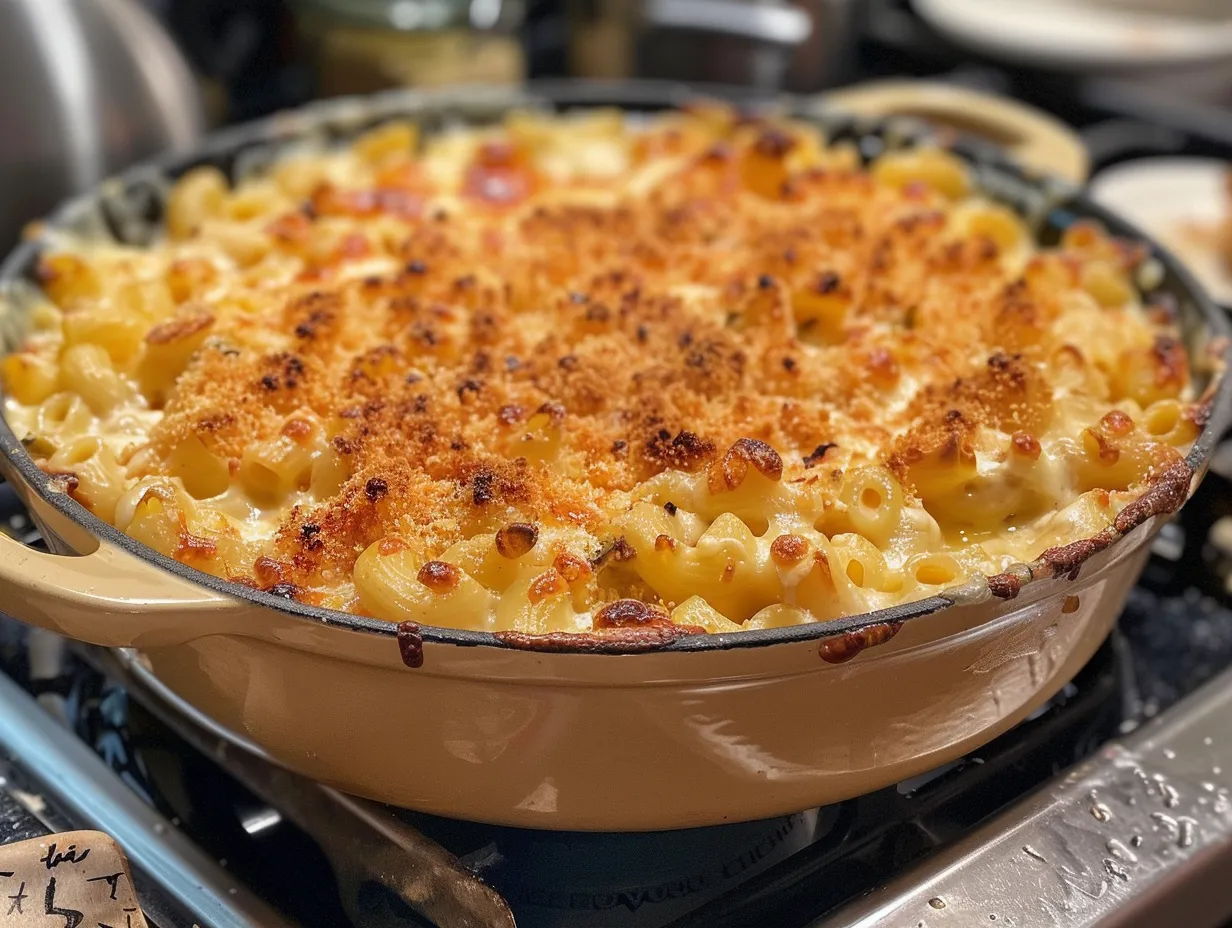 A freshly baked Honey Pepper Chicken Mac and Cheese casserole, golden brown and bubbly, ready to be served.