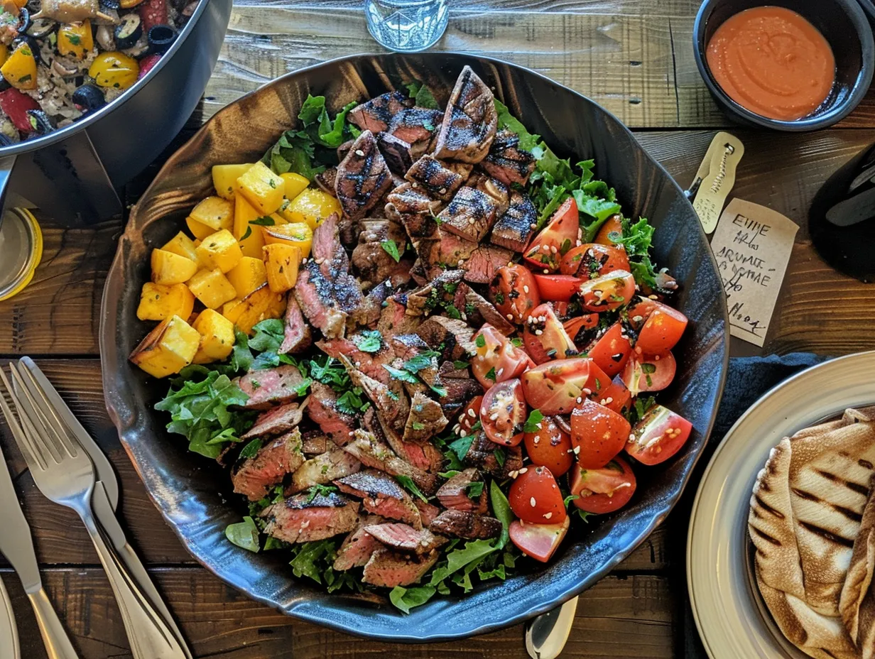 A large bowl of colorful smoky grilled cowboy salad with tangy dressing, garnished with cilantro and avocado.
