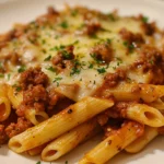 A plate of Cheesy Penne with Garlic Butter Ground Beef