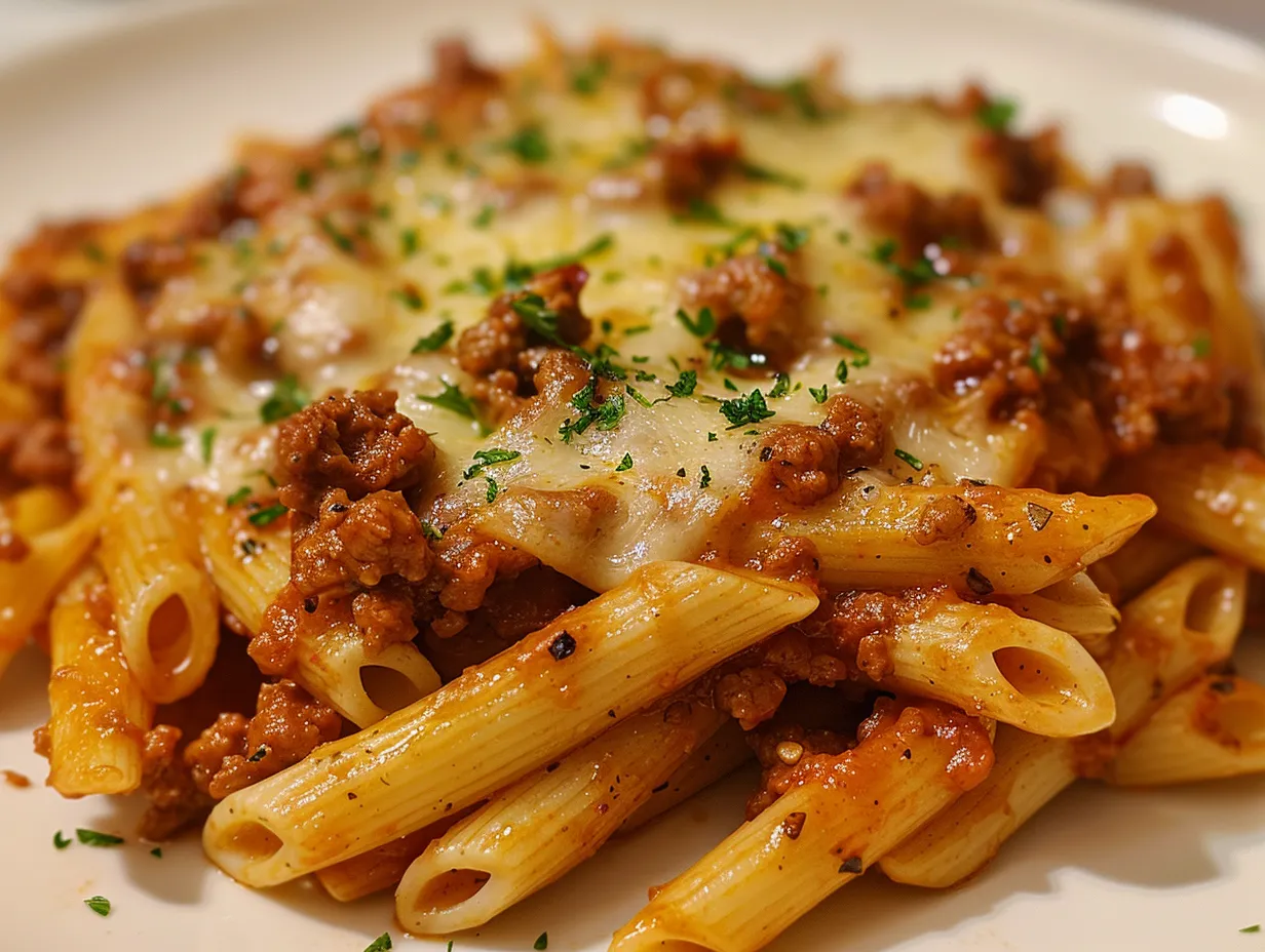 A plate of Cheesy Penne with Garlic Butter Ground Beef