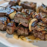 Close-up shot of rosemary garlic steak kebabs