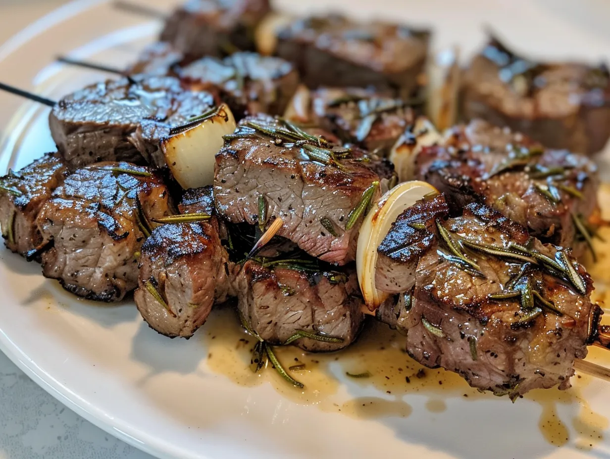Close-up shot of rosemary garlic steak kebabs