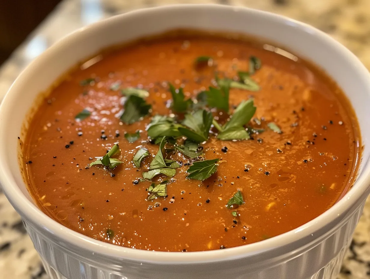 Creamy Tomato Bisque Soup in White Bowl