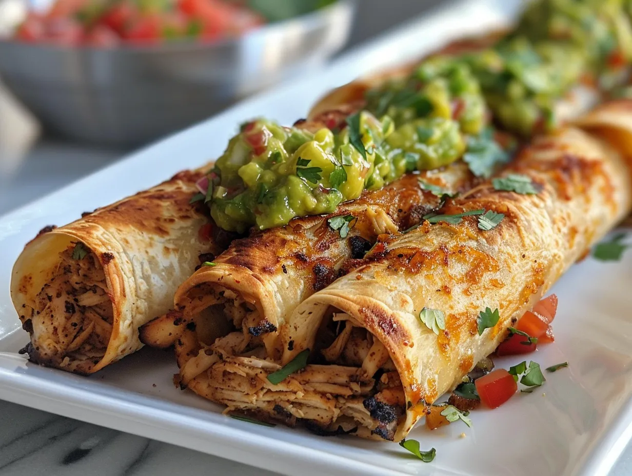 Crispy Chicken Flautas with Guacamole Salsa Verde