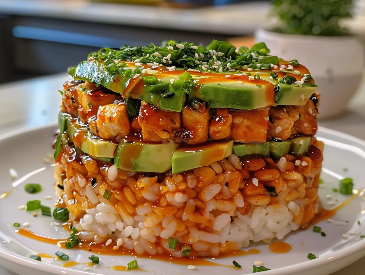Delicious Teriyaki Chicken Avocado Rice Stacks