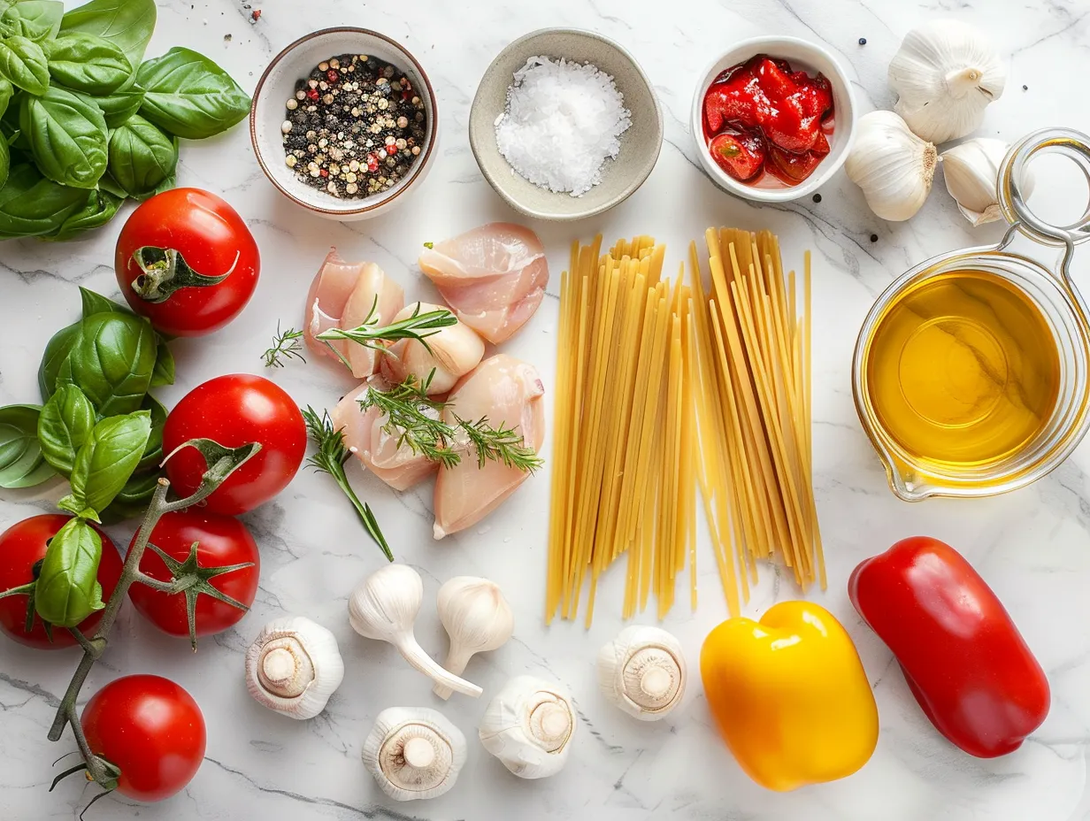 Fresh ingredients for Loaded Herb Grilled Chicken Pasta