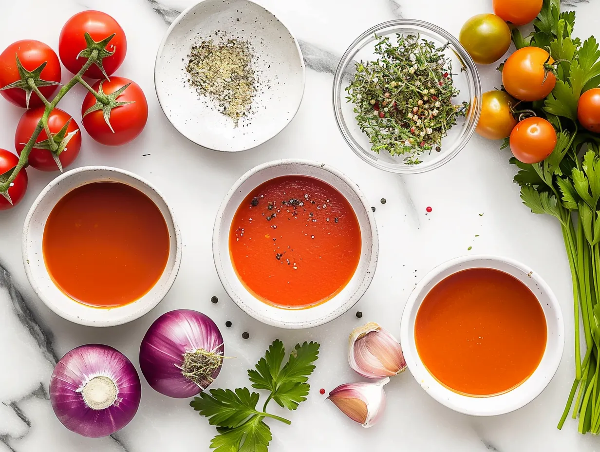 ingredients for creamy tomato bisque soup on marble
