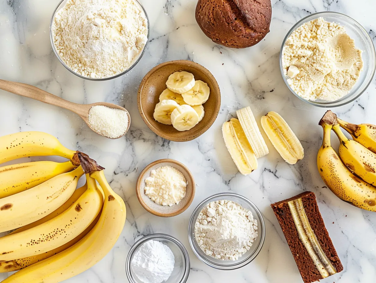 ingredients for Hawaiian Banana Bread on white marble