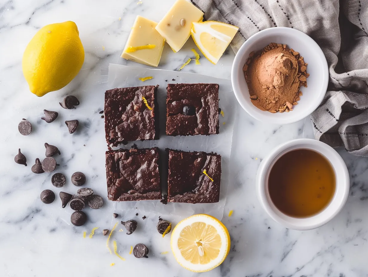 ingredients for lemon brownies arranged on a white marble countertop