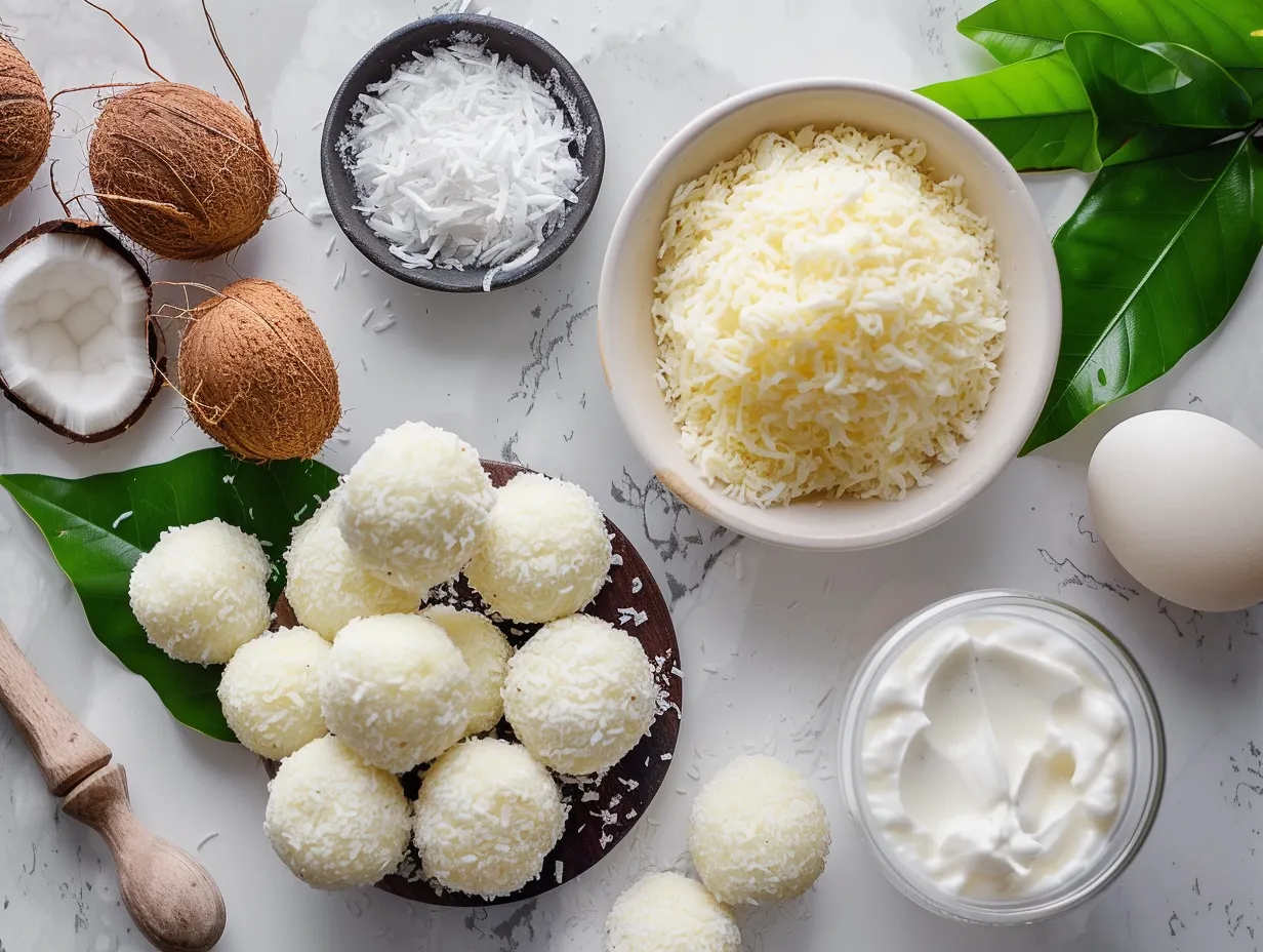 raw coconut ball ingredients on white marble