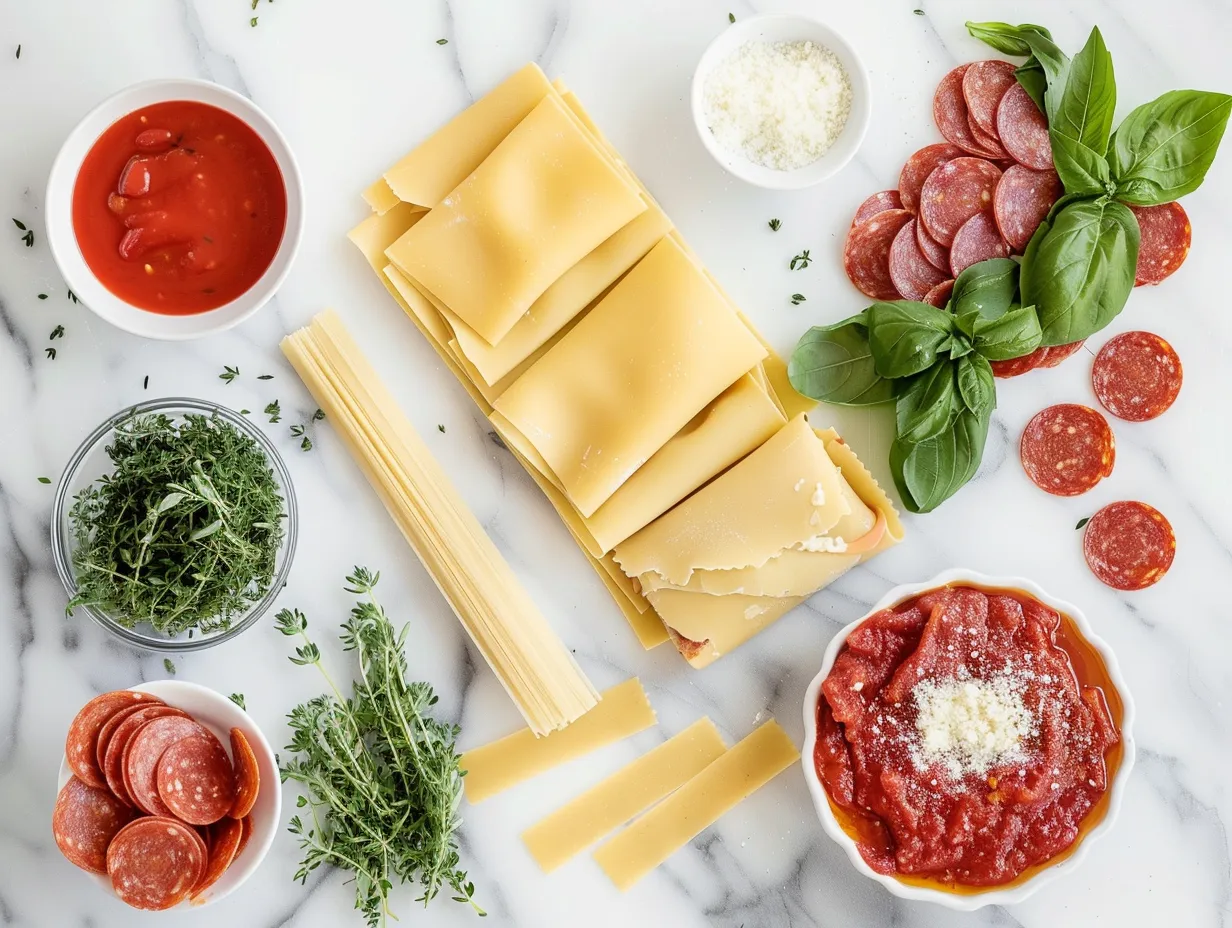 raw ingredients for a cheesy pizzagna bake