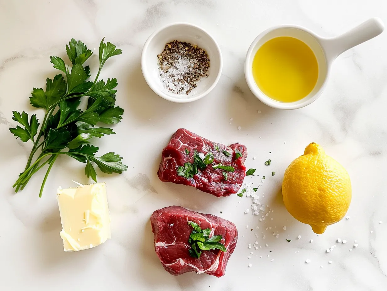 Raw ingredients for Butter Steak Sliders on marble