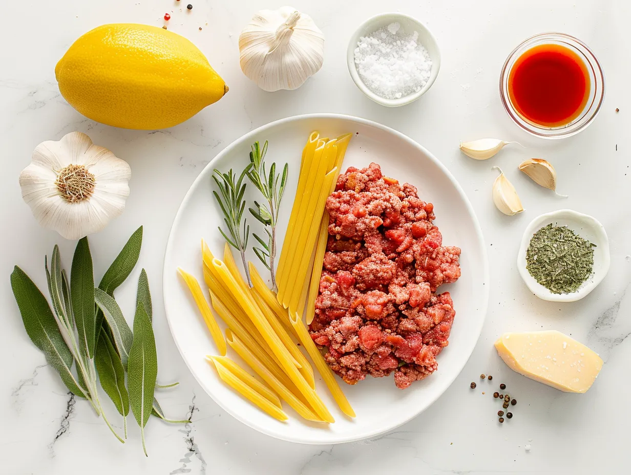 raw ingredients for cheesy penne with garlic butter ground beef