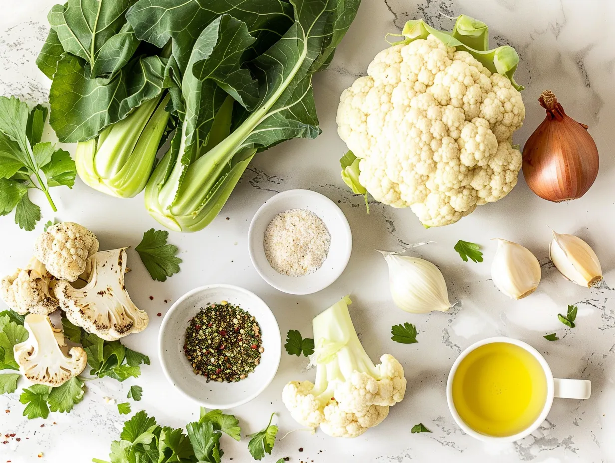 raw ingredients for loaded roasted cauliflower on marble