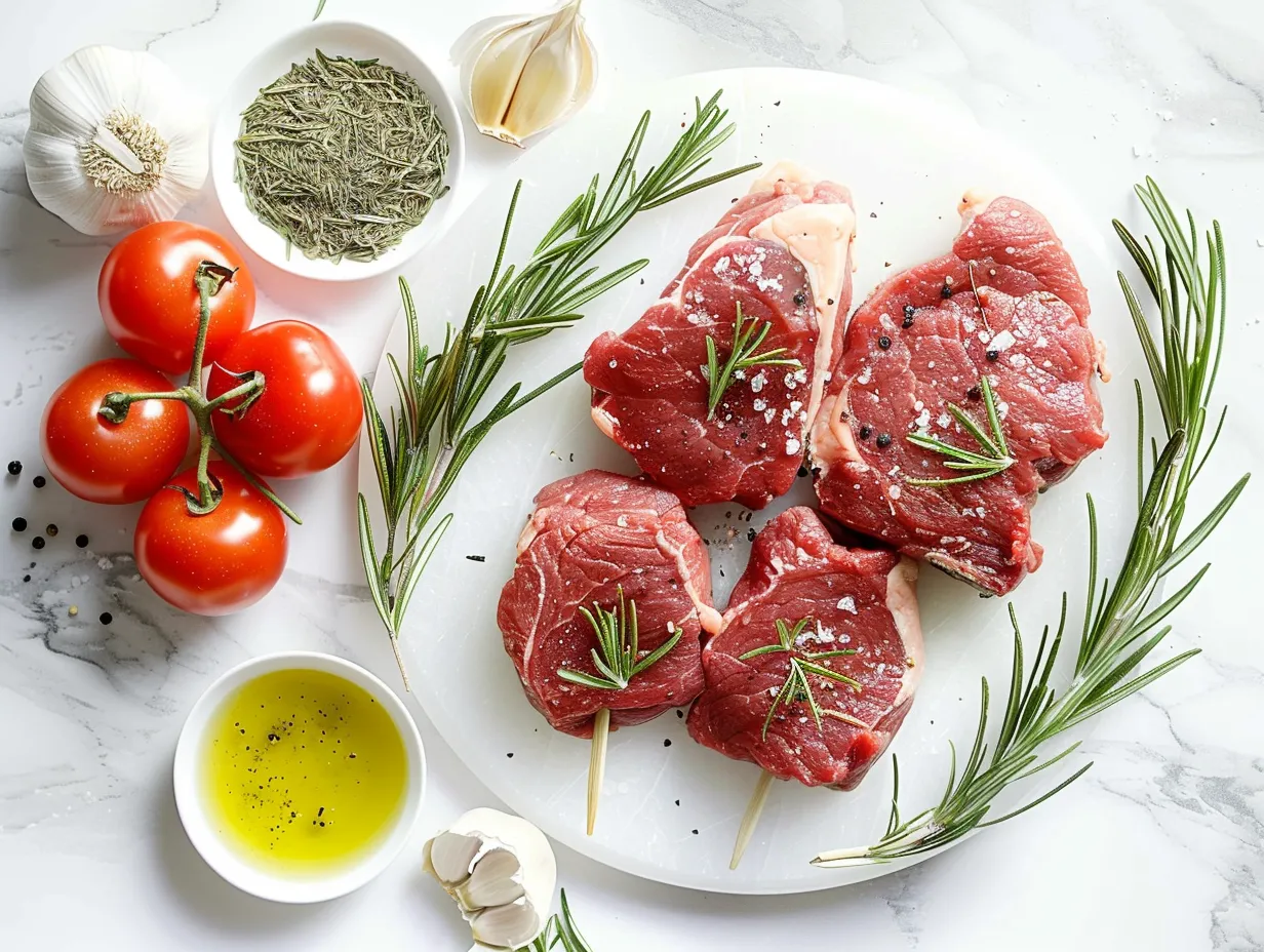 Raw ingredients for Rosemary Garlic Steak Kebabs
