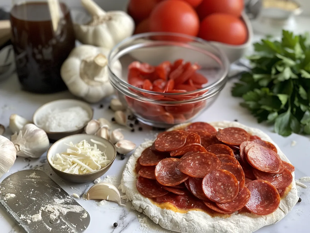 Raw ingredients for stuffed crust pepperoni pizza