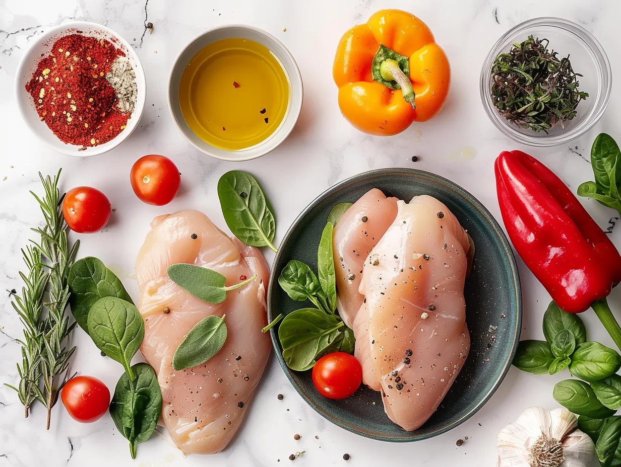 Raw ingredients for Stuffed Roasted Pepper Spinach Chicken