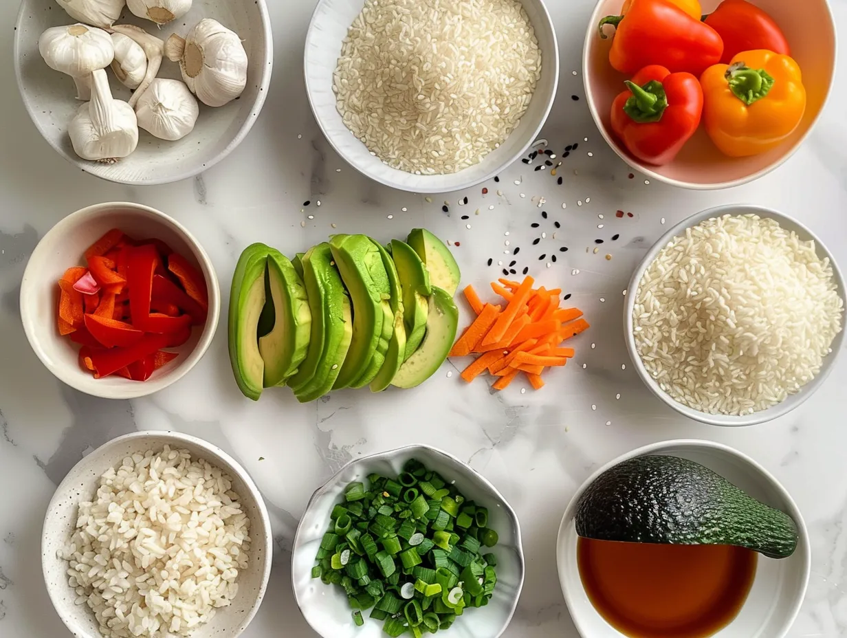 raw ingredients for teriyaki chicken avocado rice stacks