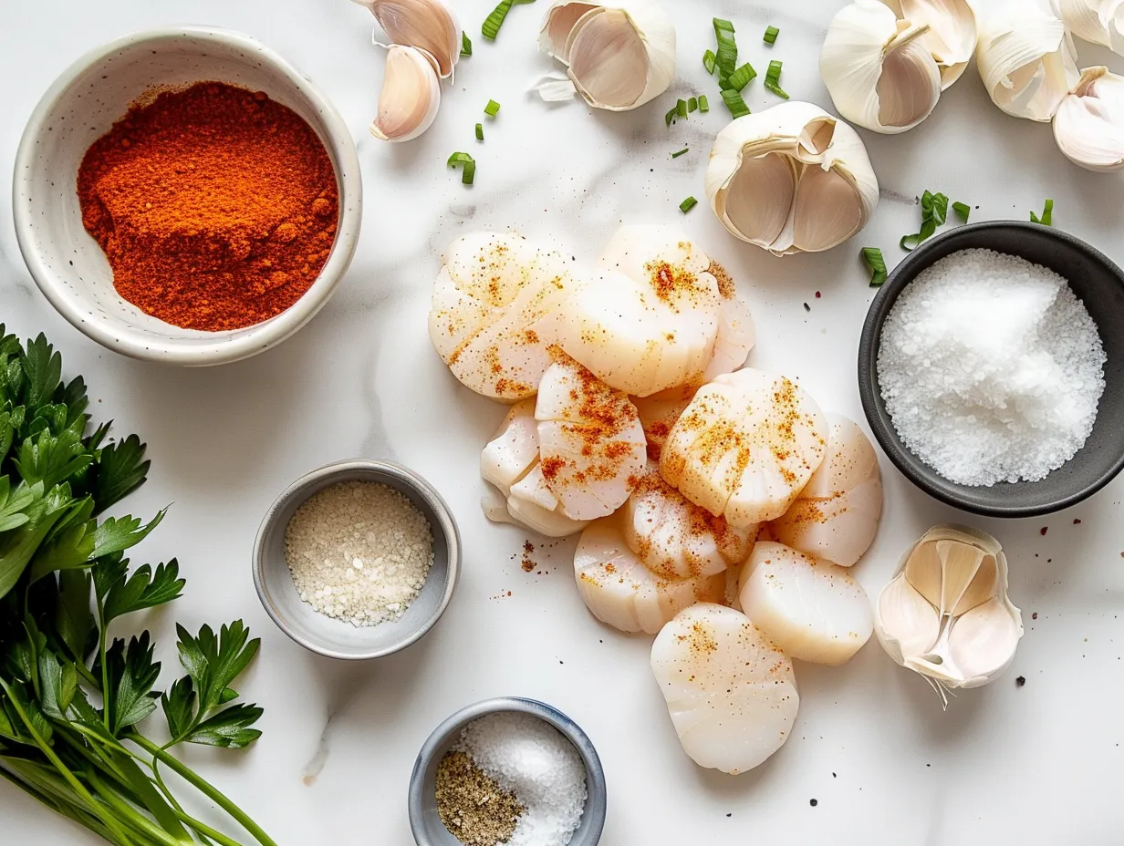 raw scallop ingredients and cajun spice blend