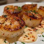 Seared Scallops with Spicy Cajun Cream Sauce plated on rustic wood