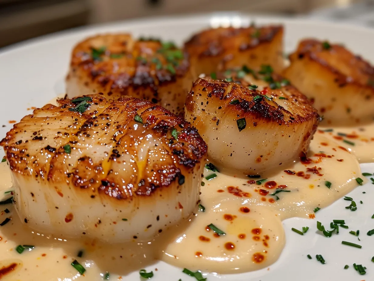 Seared Scallops with Spicy Cajun Cream Sauce plated on rustic wood