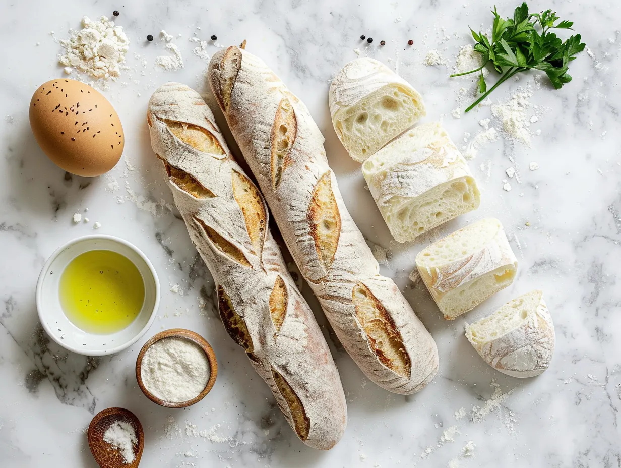 Ciabatta bread ingredients on marble