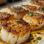 Close-up of perfectly seared scallops