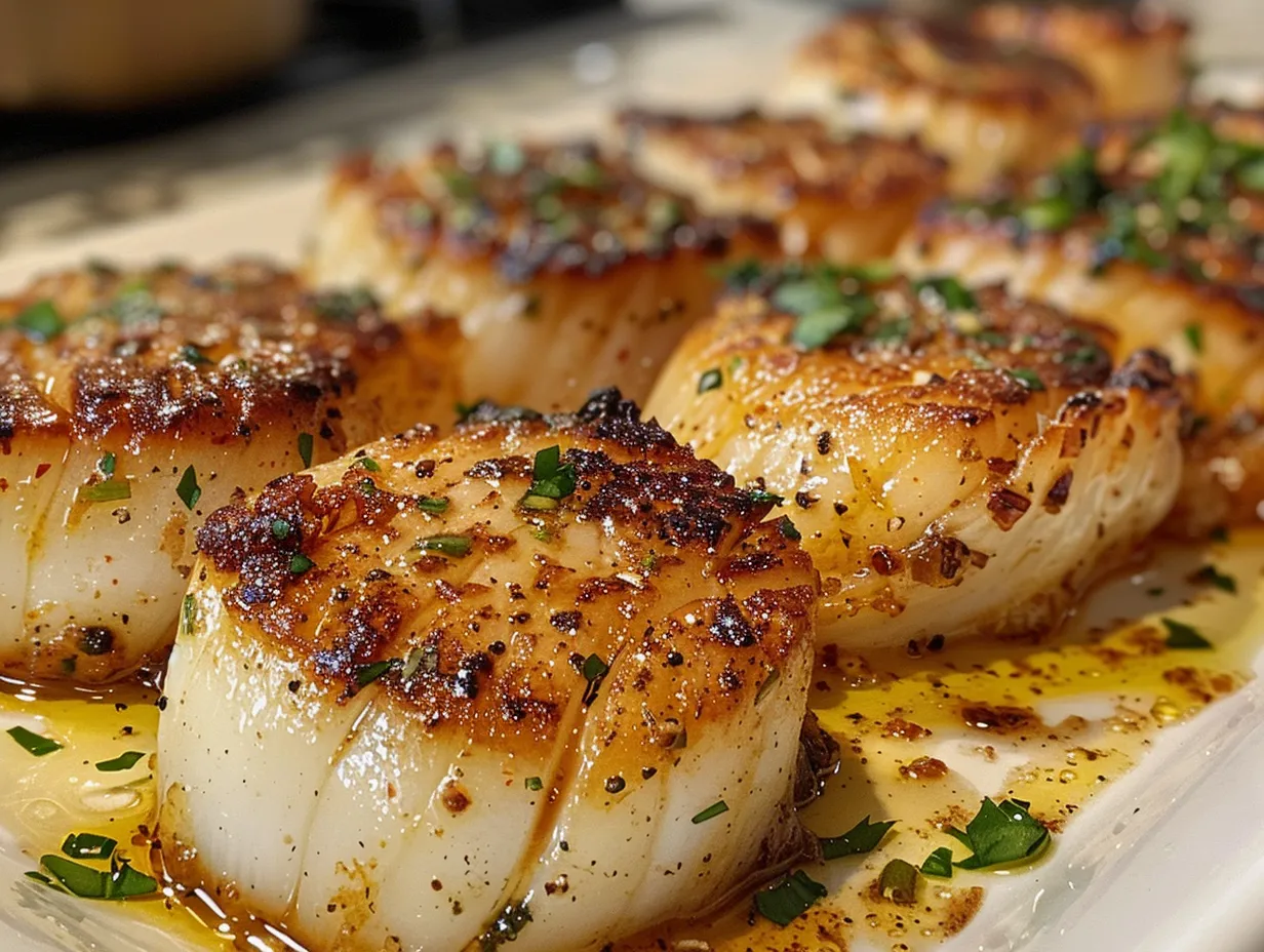 Close-up of perfectly seared scallops