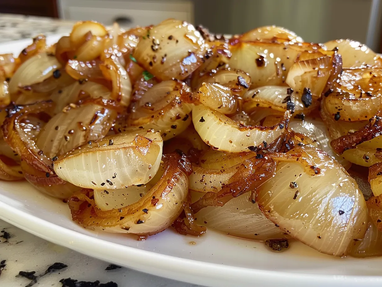 Delicious close up shot of caramelized onions