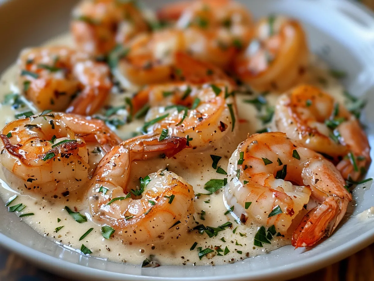 Delicious one pan dairy free creamy garlic shrimp plated