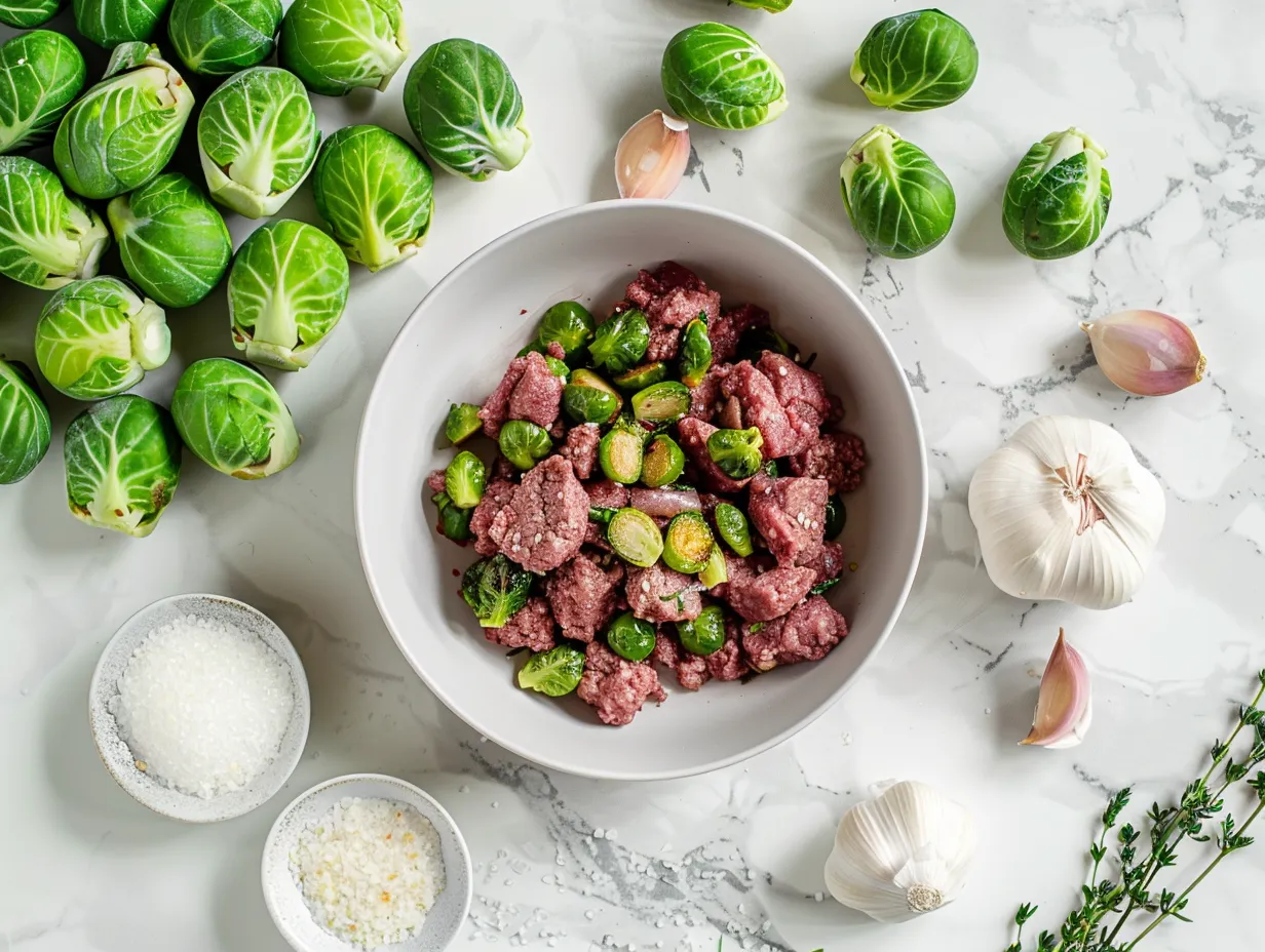 Fresh ingredients for Ground Beef Brussels Sprouts Stir Fry