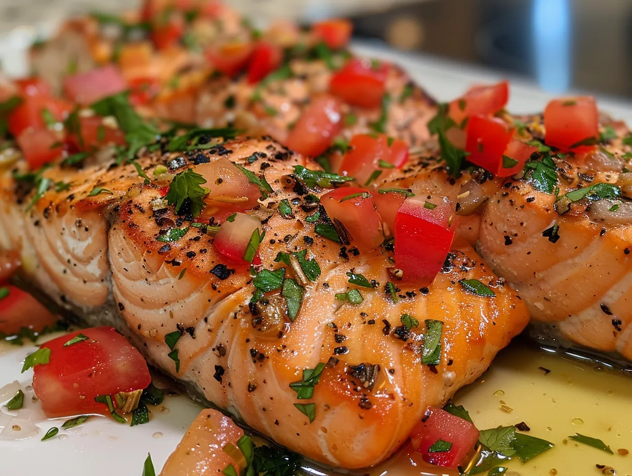 freshly prepared mediterranean salmon dish