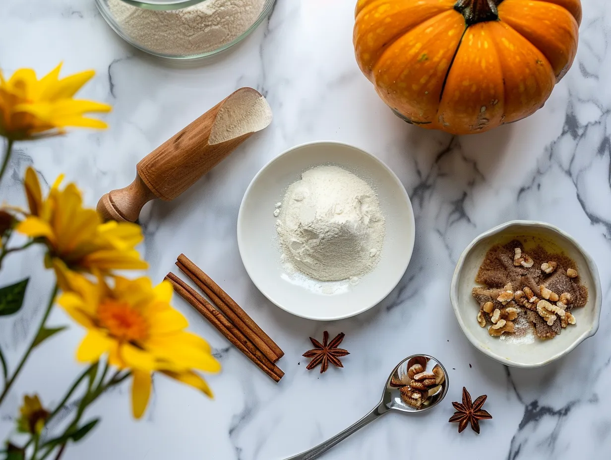ingredients for pumpkin french toast roll ups on marble surface