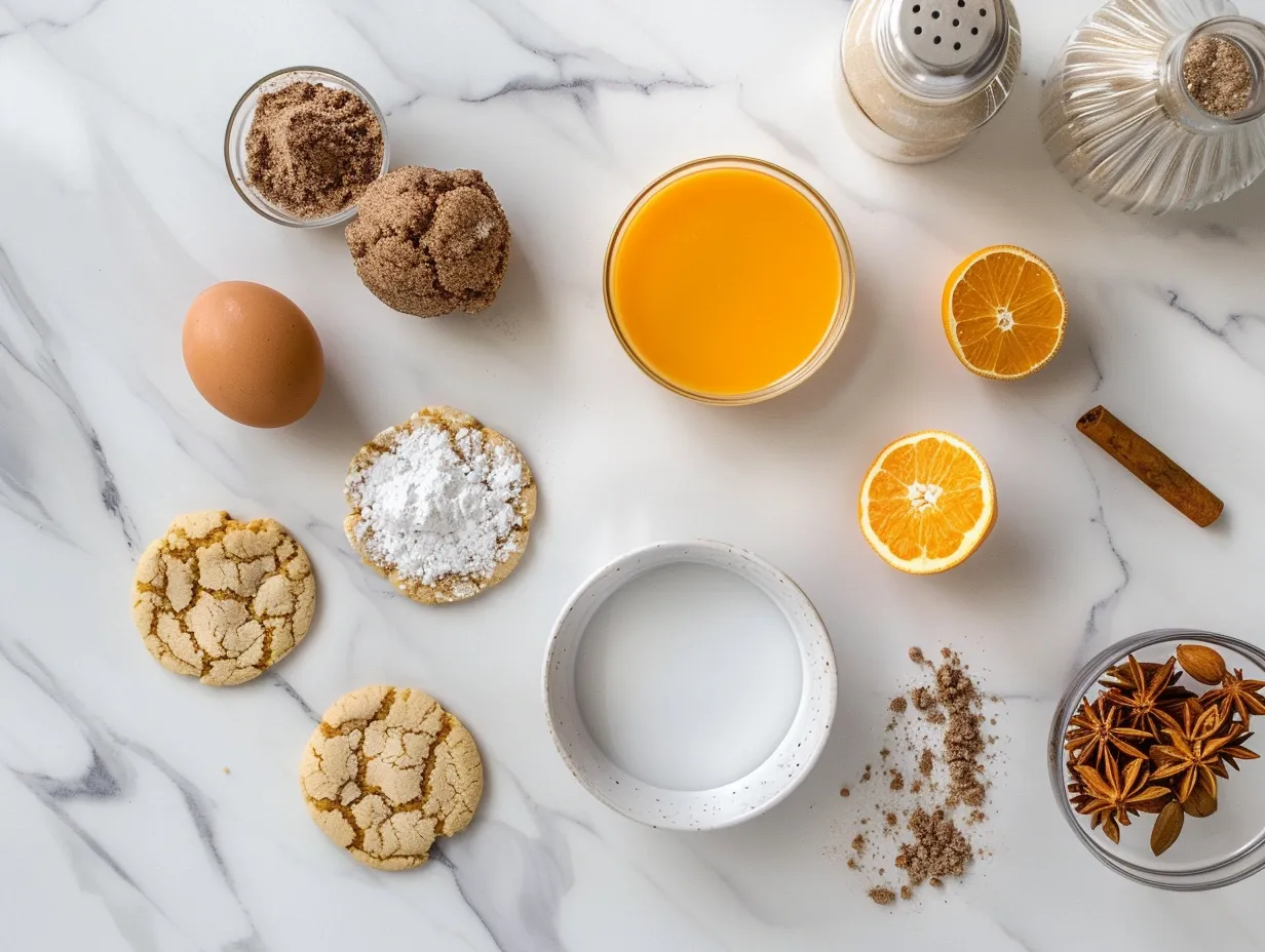 ingredients for pumpkin snickerdoodle cookies on marble