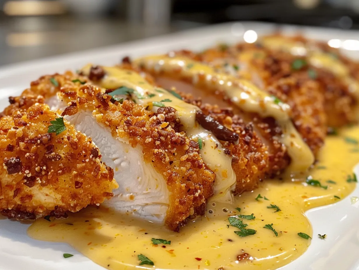 mouthwatering pretzel crusted chicken with cheddar mustard sauce