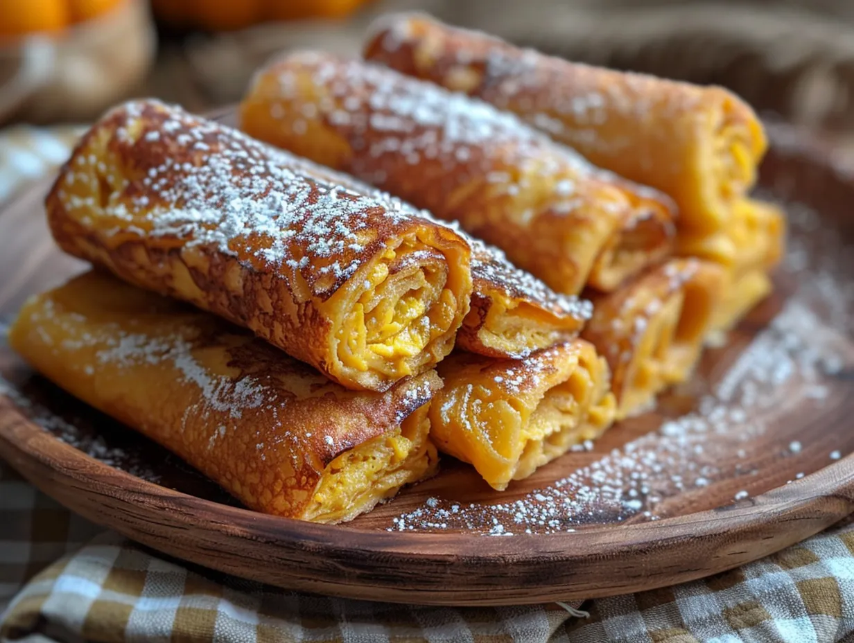 Pile of golden Pumpkin French Toast Roll-Ups