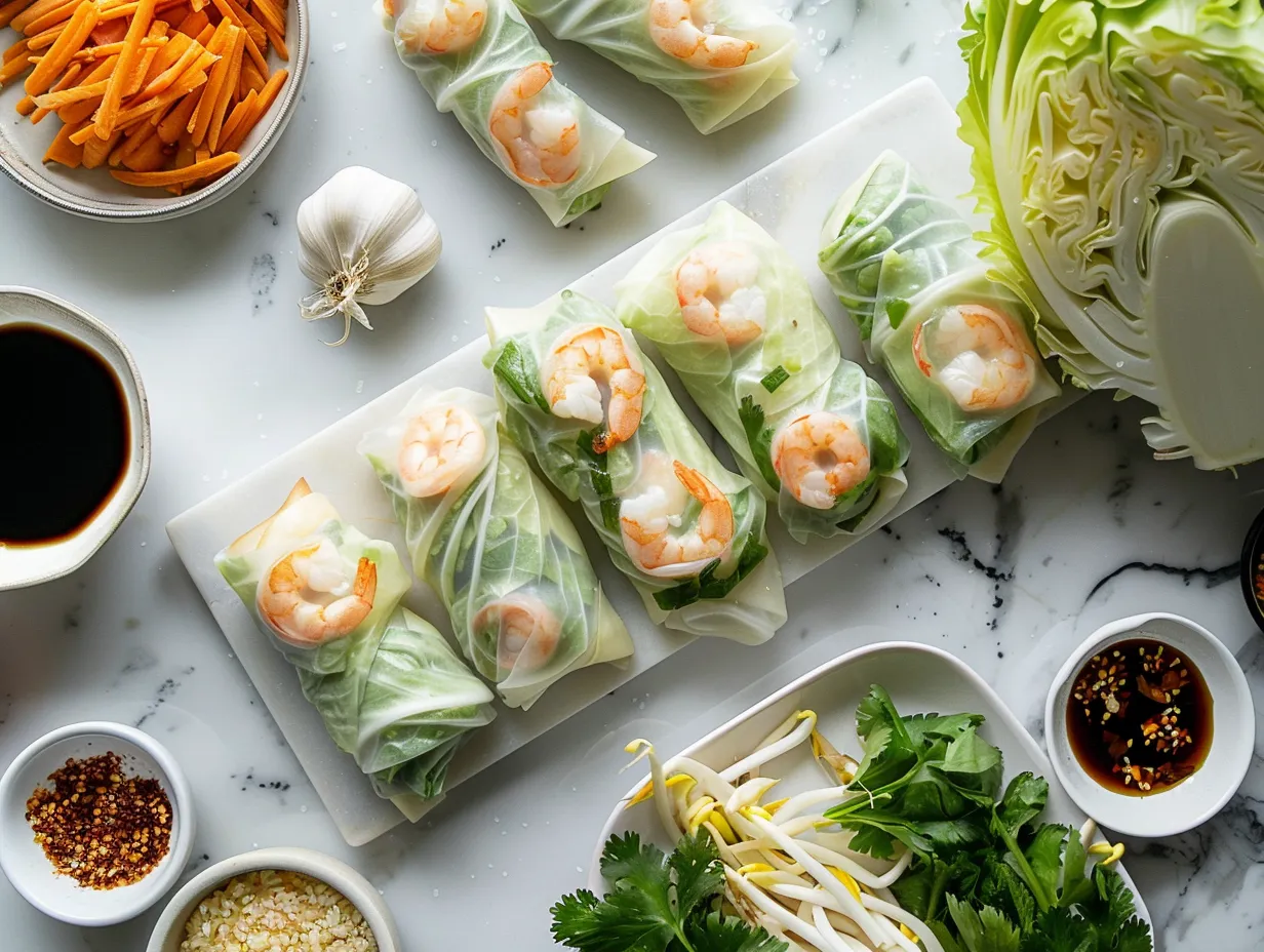 Raw ingredients for Crispy Shrimp and Cabbage Egg Rolls