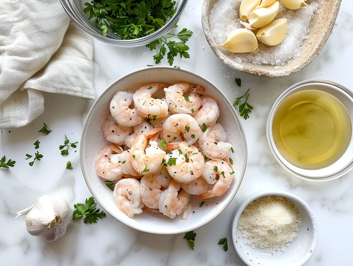 Raw ingredients for dairy free creamy garlic shrimp
