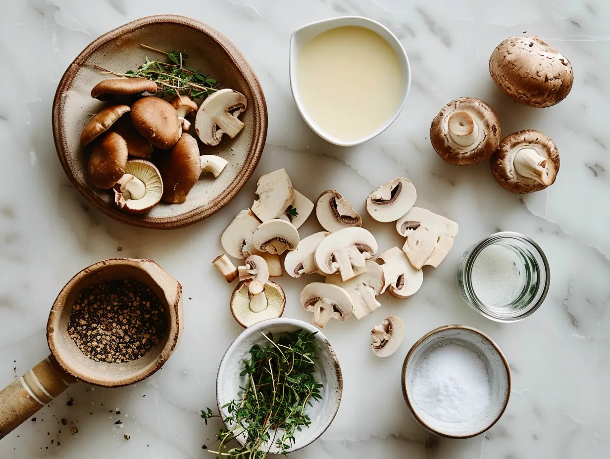 raw ingredients for making mushroom gravy on white marble