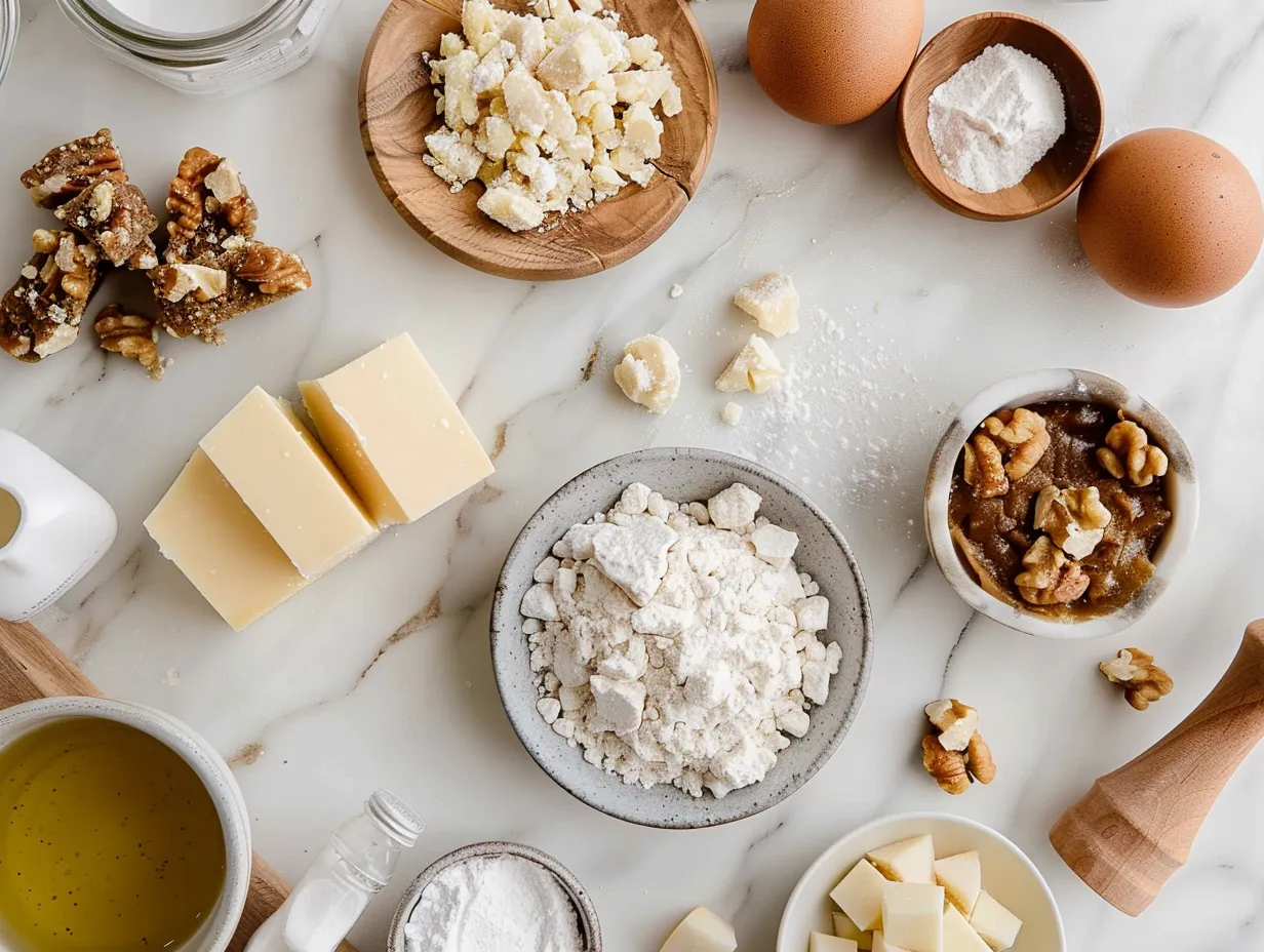 Raw ingredients for salted caramel apple pie bars