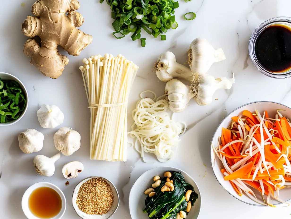 raw ingredients for teriyaki noodles with veggies on marble