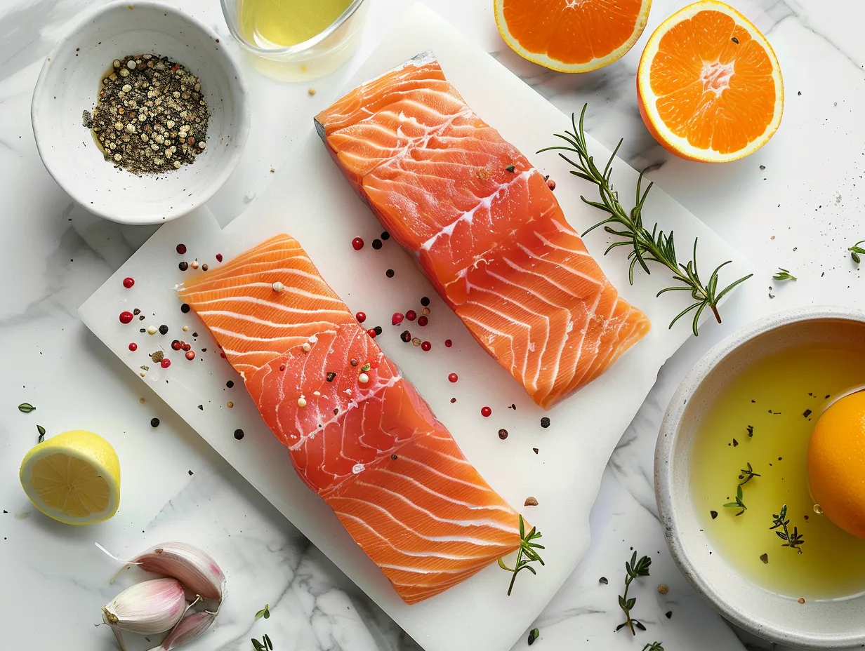 raw mediterranean salmon ingredients on white marble