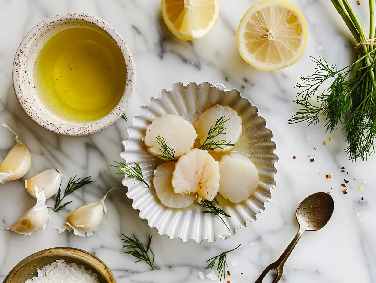 Raw scallops and ingredients needed to make crispy pan seared scallops