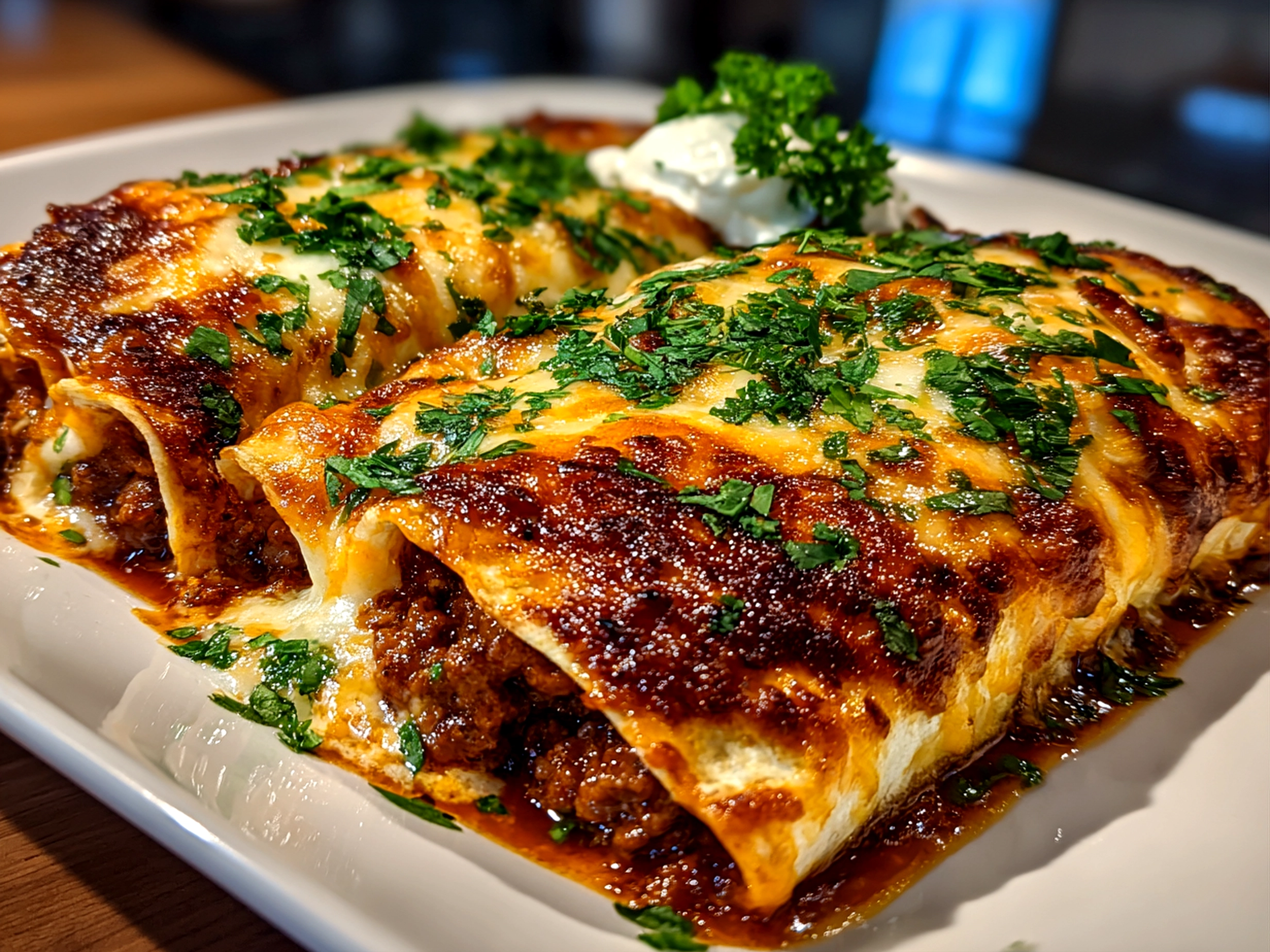 Amateur kitchen, taken with iPhone 14. Close-up slight angle of freshly prepared Ground Beef Enchiladas on a white plate. Mouthwatering --ar 4:3 --style raw --s 240